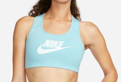 NIKE Dri-FIT Swoosh Medium-Support Non-Padded Graphic Sport-BH Damen 442 - ocean bliss/white